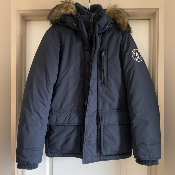 Men’s Medium Abercrombie & Fitch Dark Blue Puffer Coat Jacket with Fur Hood - Picture 1 of 13